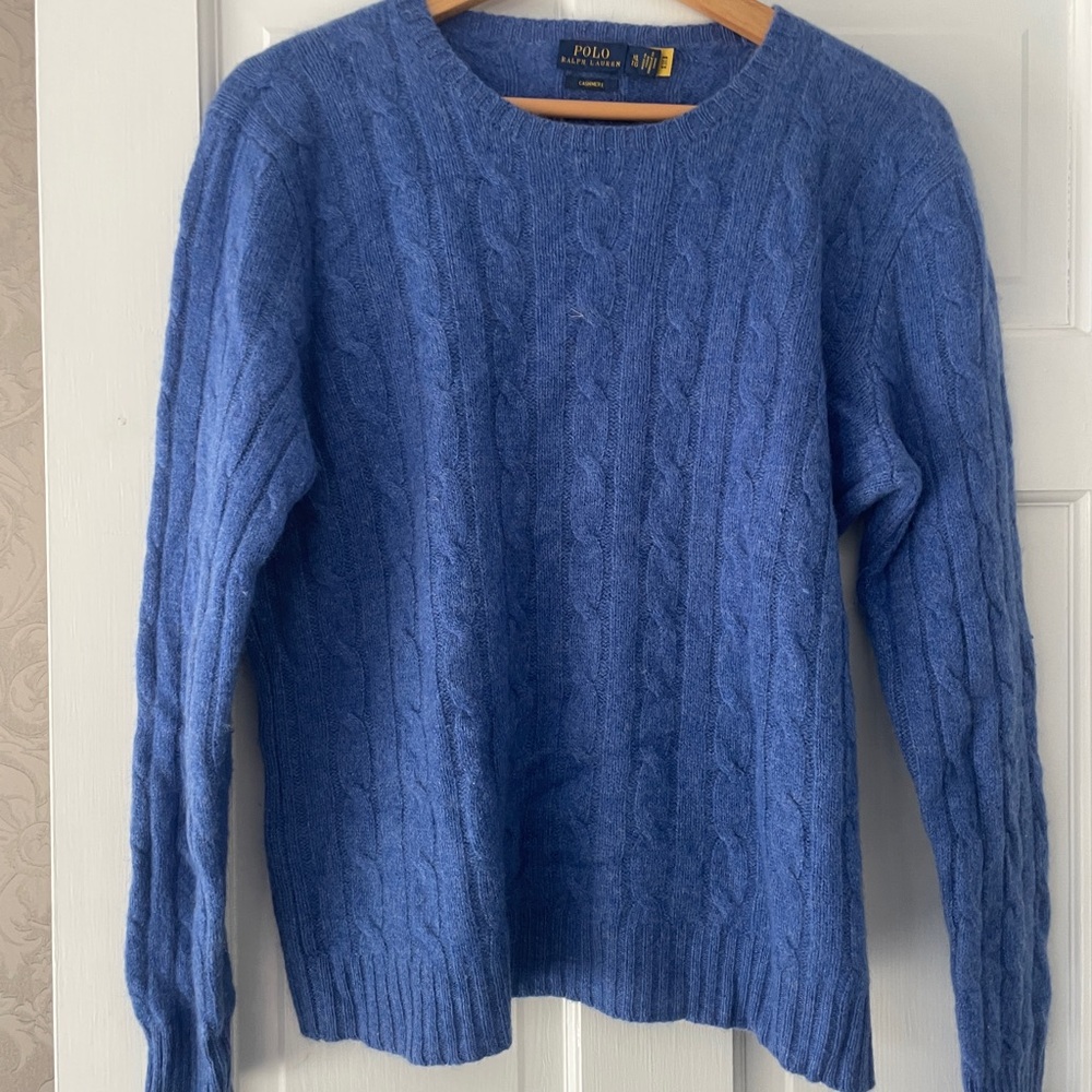 Ralph Lauren Women's Blue Cable Knit Sweater XL Cashmere